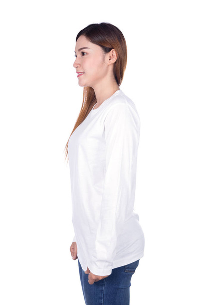 woman in white long sleeve t-shirt isolated on white background  - 写真・画像