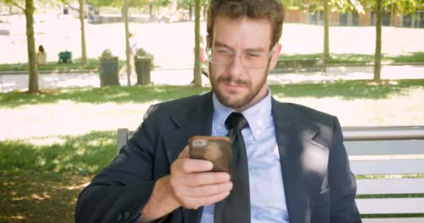 Portrait of successful businessman texting and reading mobile phone - Filmati, video
