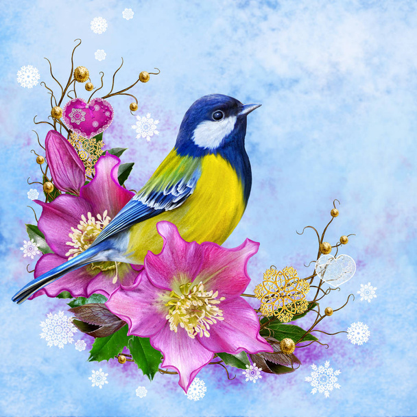 The bright  bird tit, pink flower hellebore, weaving from twigs, gold ornaments, winter background, Christmas composition.  - Φωτογραφία, εικόνα