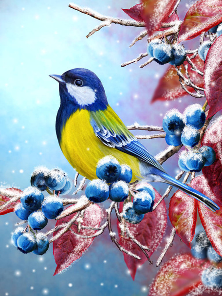 Christmas greeting card. Winter background. A small bird of the tit sits on a snow-covered branch, blue berries, red leaves. - Фото, изображение
