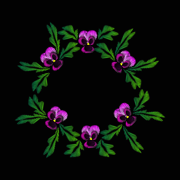 Embroidery of jeans. Smooth. Lilac flowers Pansies. Flower pattern. Round frame. Traditional folk ornament. Vector illustration on a black background - Vector, Image