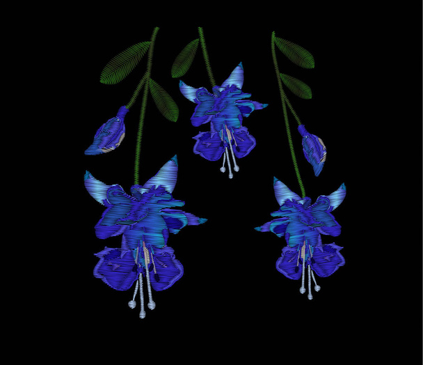 Hermosas flores azules fucsia. Bordado de jeans. El bordado es suave. Ilustración vectorial sobre fondo negro
. - Vector, Imagen