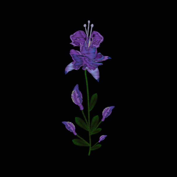 Lila gyönyörű lila virágokkal. Hímzés farmert. Hímzés sima. A fekete háttér vektor illusztráció. - Vektor, kép