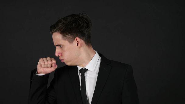 Cough, Coughing Businessman, Dark Black Background - Photo, image