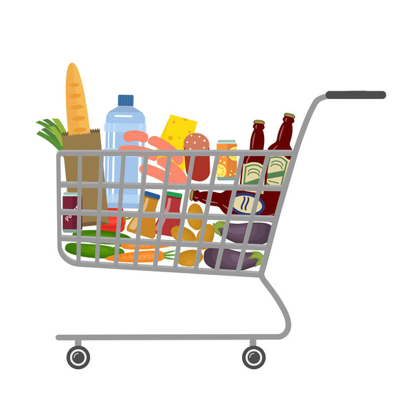 Bevásárlókocsi, teljes körű, az ételeket és italokat a szupermarketben - Vektor, kép