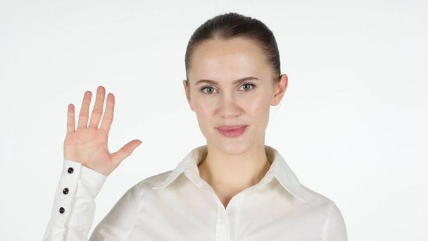 Hallo, vrouw zwaaien Hand, witte achtergrond - Foto, afbeelding