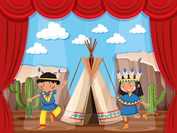 Garçon et fille jouer indigènes indiens sur scène
 - Vecteur, image