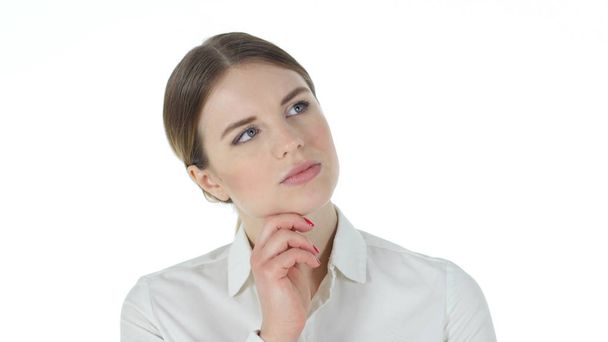 Pensando mujer de negocios, fondo blanco
 - Foto, Imagen