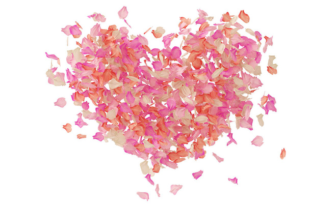 Rozenblaadjes roze hart vorm op witte achtergrond. 3D-illustratio - Foto, afbeelding