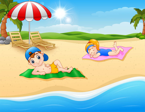 Kinder sonnen sich auf der Strandmatte - Vektor, Bild