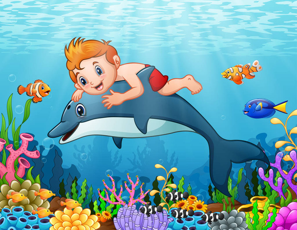 Cartoon jongen met dolfijn zwemmen - Vector, afbeelding