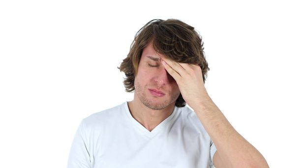 Kopfschmerzen, frustrierter Mann, weißer Hintergrund - Foto, Bild