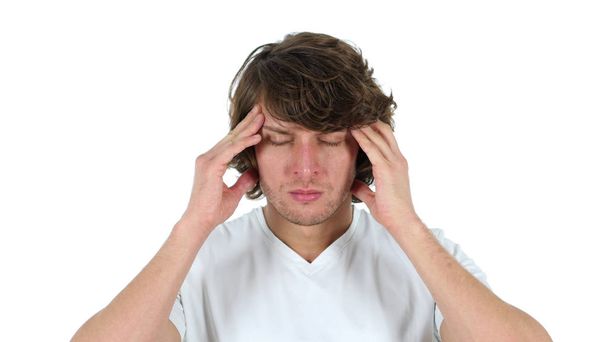 Stres ve ağrı beyin, baş ağrısı, sinirli adam arka plan beyaz - Fotoğraf, Görsel