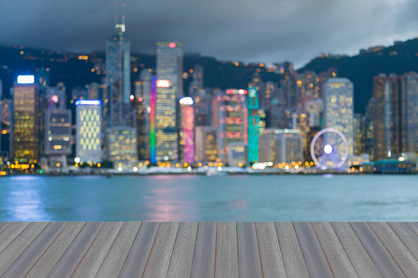 Office building blurred bokeh light Hong Kong downtown, abstract background - Photo, Image