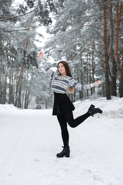 Winterporträt einer jungen schönen brünetten Frau im Pullover. Schneefreies Winter-Beauty-Mode-Konzept. - Foto, Bild