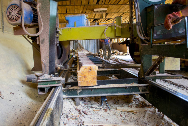 Sägewerk. Prozess der Baumstammbearbeitung im Sägewerk Maschine sägt den Baumstamm - Foto, Bild