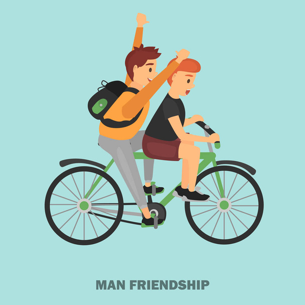 Dos amigos montan una ilustración en color de bicicleta para el diseño web y móvil
 - Vector, imagen