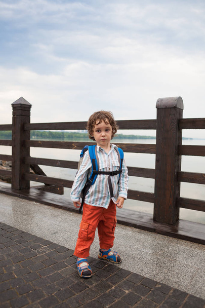 少年が公園の橋を歩いています。. - 写真・画像