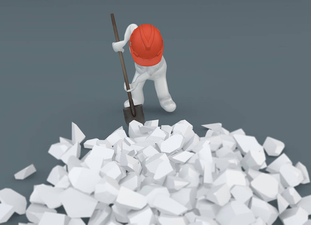 White puppet, White whit, with shovel and protective helmet. Dig debris, build, break down. 3d rendering - 写真・画像