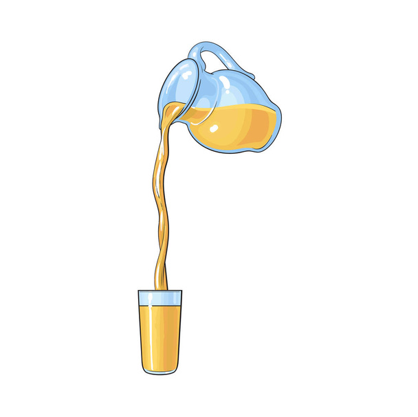 Drawing of orange juice pouring from jar in glass - Vetor, Imagem