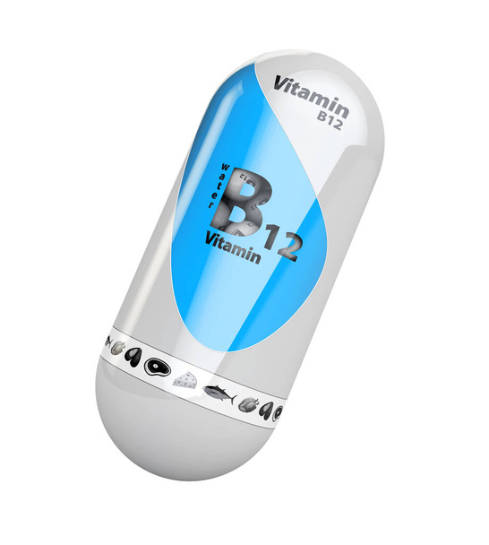 Vitamin B12 modře zářící pilulka kapsle ikonu. Vitamin komplex s chemickým vzorcem. 3D obrázek - Fotografie, Obrázek