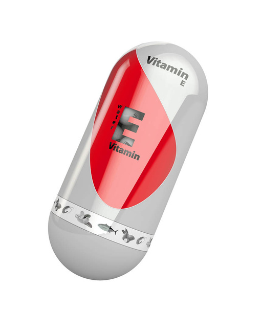 Vitamin E červená zářící pilulka kapsle ikonu. Vitamin komplex s chemickým vzorcem. 3D obrázek - Fotografie, Obrázek