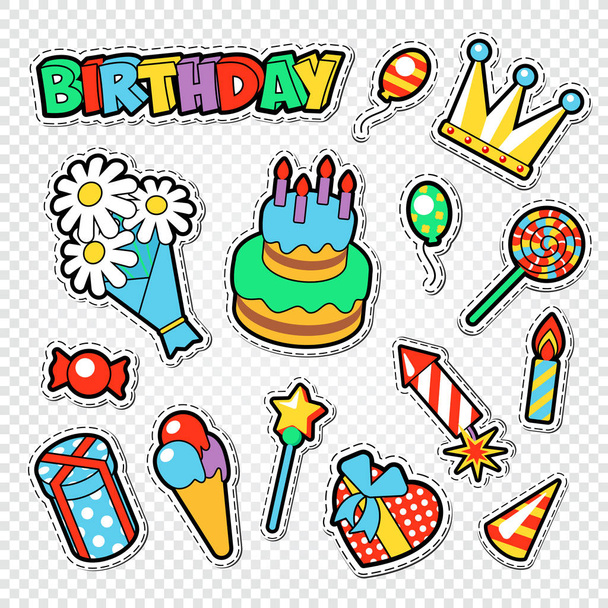 Feliz cumpleaños fiesta pegatinas, insignias y parches para la decoración. Ilustración vectorial
 - Vector, imagen