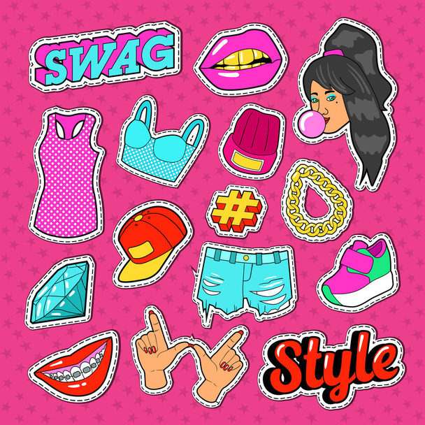 Swag-Stil Teenager-Mode Aufkleber, Abzeichen und Aufnäher mit Mädchen, Händen und Kleidung. Vektorillustration - Vektor, Bild