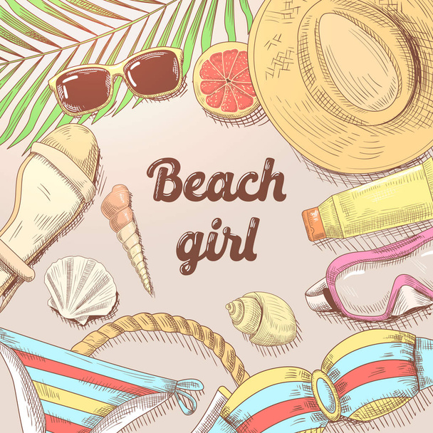 Doodle de férias de praia desenhada à mão. Hora de Verão Mulher Moda. Ilustração vetorial
 - Vetor, Imagem