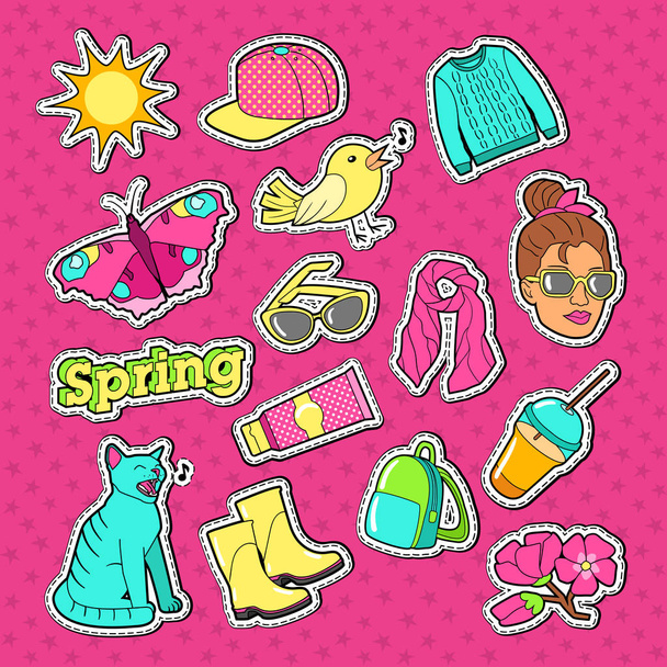 Stickers Mode Femme, Badges et Patchs avec Fille, Lunettes de soleil et Accessoires. Illustration vectorielle
 - Vecteur, image