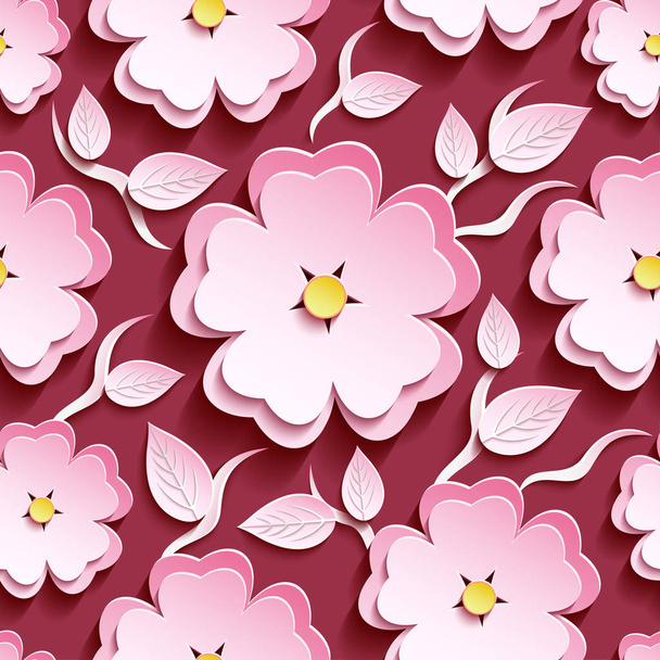 Pink seamless pattern with 3d sakura and leaves - Διάνυσμα, εικόνα