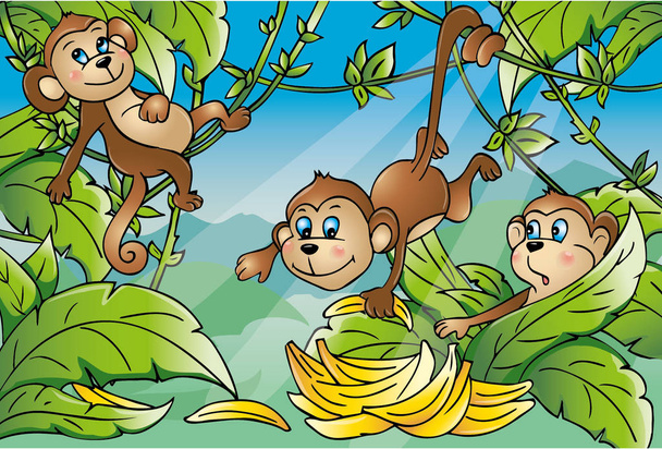 Γελοιογραφία πιθήκους με εικονογράφηση διάνυσμα μπανάνα - Διάνυσμα, εικόνα