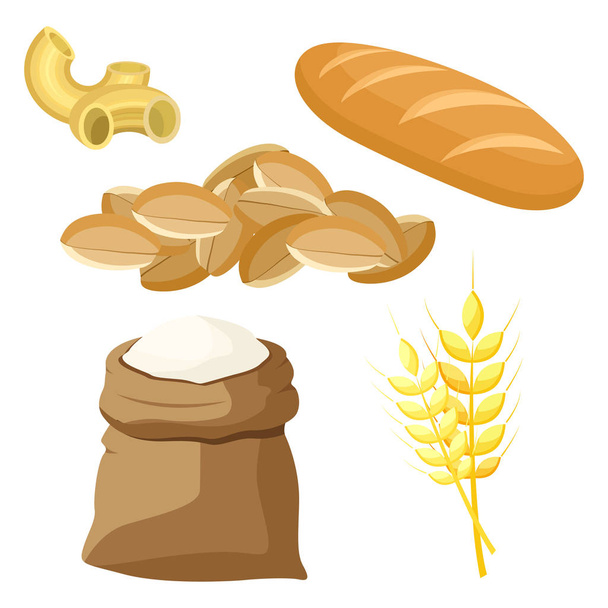 Conjunto temático de productos alimenticios a partir de trigo y harina. Ilustración vectorial
. - Vector, Imagen