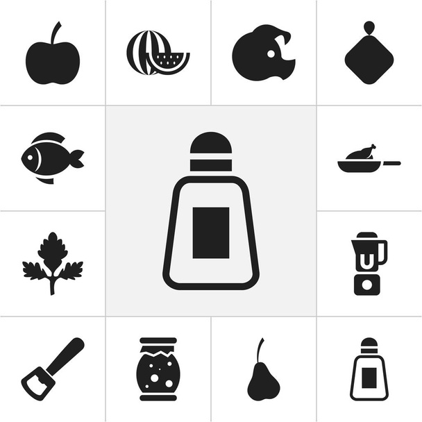 Sada 12 ikon lze upravovat potraviny. Obsahuje symboly grilu, domácí želé, plátek melounu a další. Lze použít pro webové, mobilní, Ui a infografika Design. - Vektor, obrázek