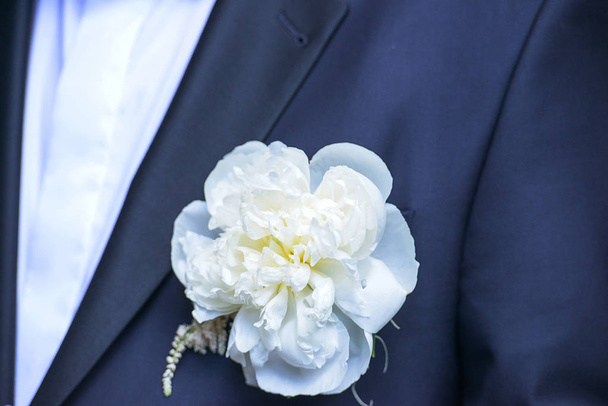 Close-up bruidegom dragen een witte pioen Corsages - Foto, afbeelding