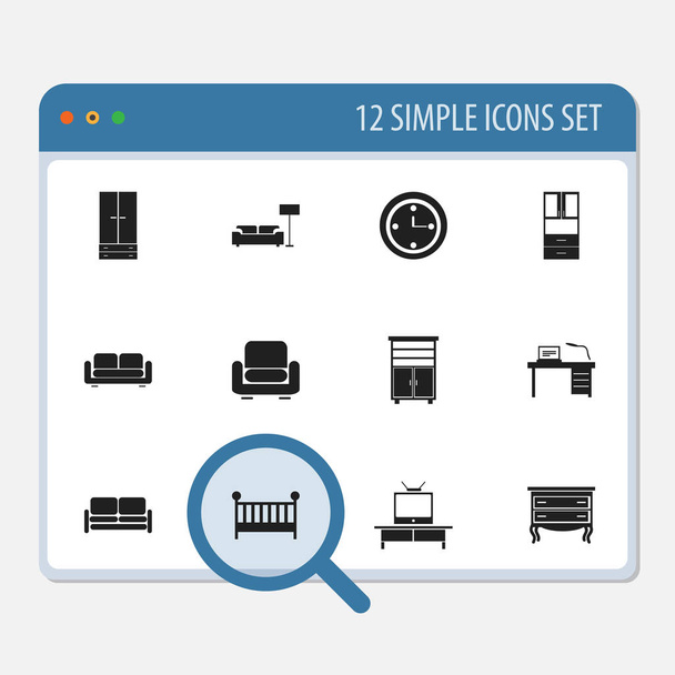 Set de 12 iconos interiores editables. Incluye símbolos como diván, armario, interior y más. Puede ser utilizado para el diseño de la tela, móvil, interfaz de usuario e infografía
. - Vector, imagen
