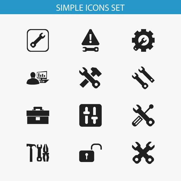 Set Of 12 Editable Service Icons. Includes Symbols Such As Spanner, Computer Statistics, Equalizer And More. Can Be Used For Web, Mobile, UI And Infographic Design. - Vector, Image