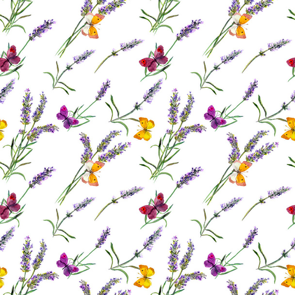 Lavender flowers, butterflies. Watercolor seamless pattern - Foto, Bild