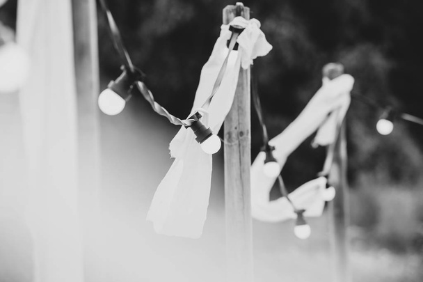 Glühbirnen auf einem Draht mit weißen Ornamenten und Fackeln auf einem Schnabel - Foto, Bild