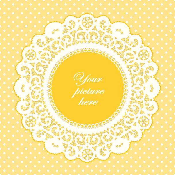 Lace Doily Picture Frame, Pastel Yellow Polka Dot Background - Vector, Image