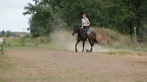 Horseback het berijden lessen - jonge vrouw rijden van een paard, slow-motion - Video