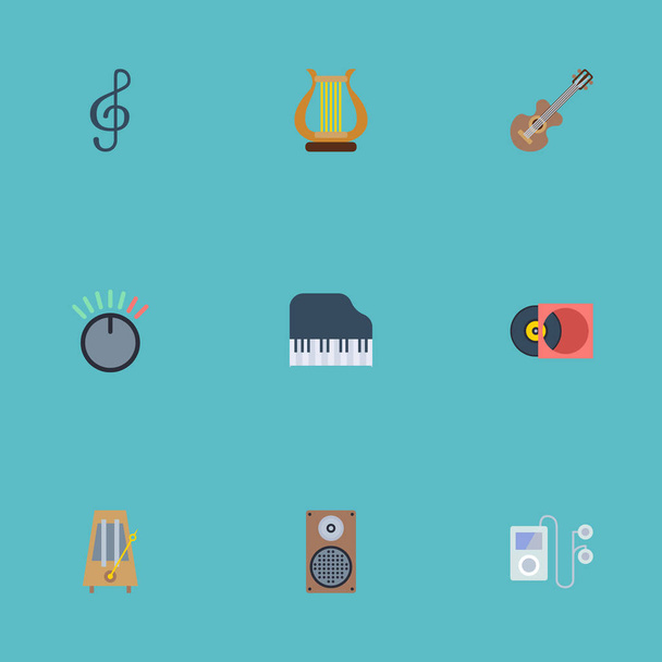 Flat Icons Quaver, Rhythm Motion, Mp3 Player and Other Vector Elements. Символы плоских икон мелодии также включают в себя ритм, инструмент, объекты управления
. - Вектор,изображение