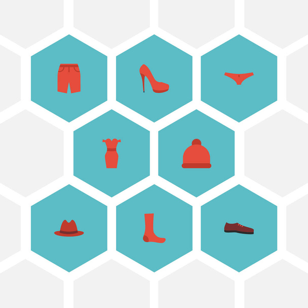 Flat Icons Swimming Trunk, Hosiery, Man Footwear And Other Vector Elements. Set Of Dress Flat Icons Symbols Also Includes Beanie, Hosiery, Panama Objects. - Vector, Image