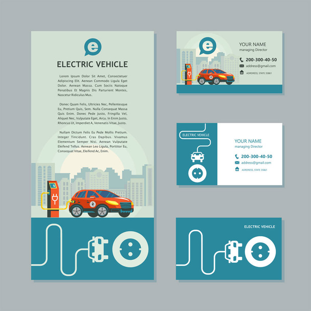 Red electric car at a charging station. Service electric vehicles. Corporate identity, car show, flyer, business cards. - Vector, Image
