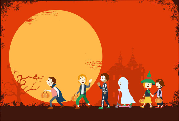 Ilustracja dzieci w kolorowe kostiumy przejść trick na Halloween - Wektor, obraz