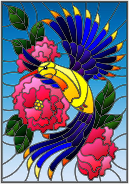 Ilustracja w stylu witrażu z piękny, jasny, Niebieski ptak i gałęzi kwitnienia roślin na niebieskim tle - Wektor, obraz