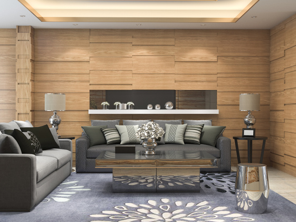 3D vykreslování luxusní a moderní obývací pokoj s koženou pohovku - Fotografie, Obrázek