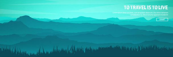 Mountains and forest header. Wild nature landscape. Travel and adventure.Panorama. Into the woods. Horizon line.Trees,fogfog. - Vector, Image