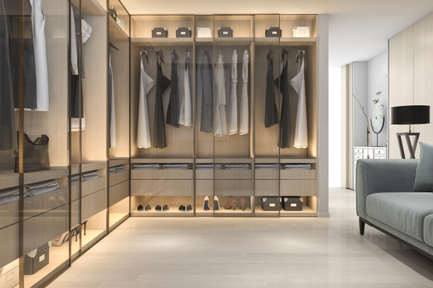 3D-Rendering minimaler skandinavischer Holzgang im Kleiderschrank mit Garderobe - Foto, Bild