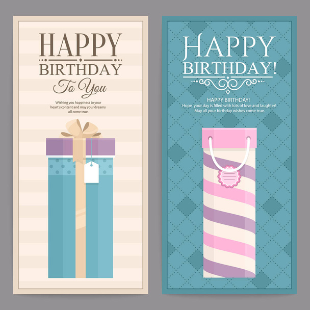 Set of two birthday card with gift boxes. Vintage style. - Vetor, Imagem